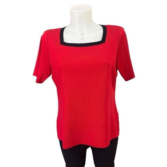 Exclusively Misook Red Black Trimmed Square Neck Knit Short Sleeve Top small - Picture 1 of 8